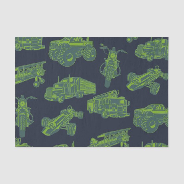 Zu den unterwegs "Blue & Green Moving Vehicles Boy Seidenpapier (Vorderseite)