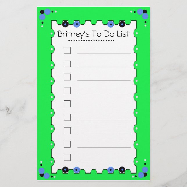 Zu die Liste tun stationär Briefpapier (Vorderseite)