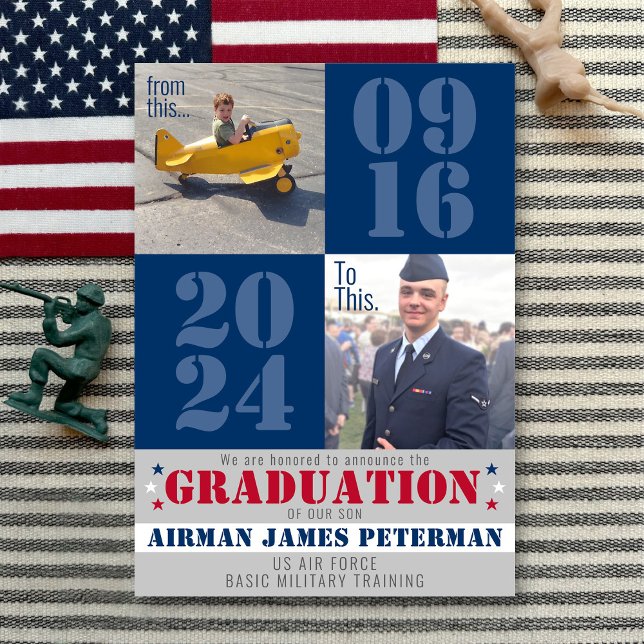 Zu diesem Foto für den militärischen Abschluss Ankündigung (From this, to THIS large date military basic training graduation announcement, two photos, patriotic)