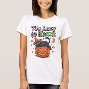 Zu lazy to Haunt T - Shirt - Kawaii Cat on Pumpkin