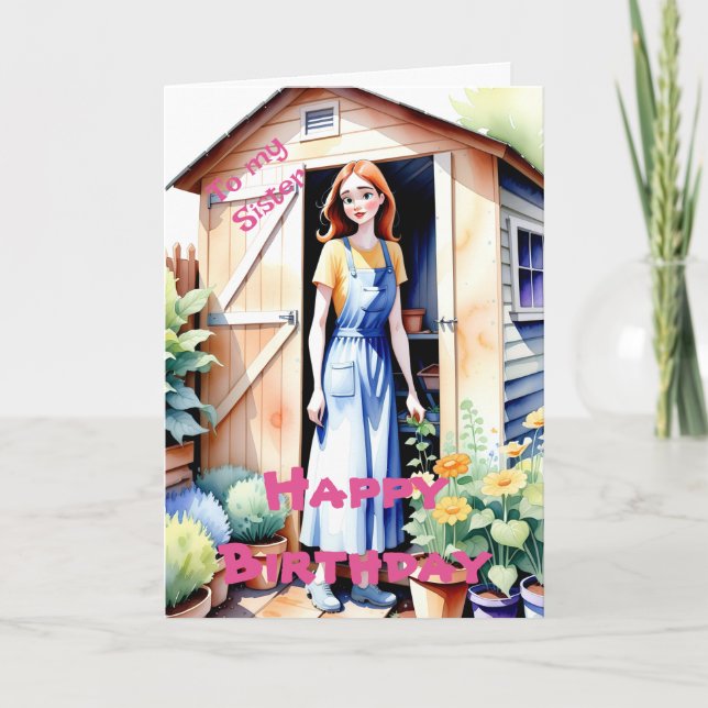 Zu meiner Schwester Niedlich Gartenarbeit und Blum Karte (Vorderseite)