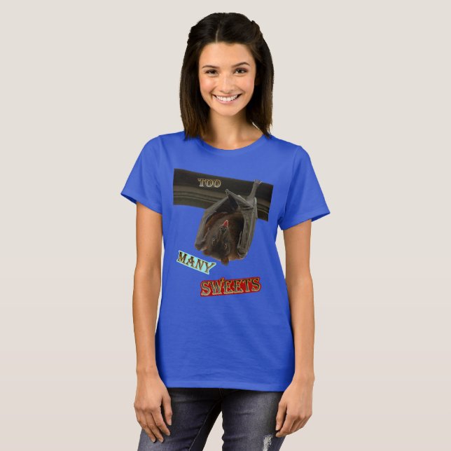 Zu viele Süßigkeiten T-Shirt Hanging Bat Halloween (Vorne ganz)