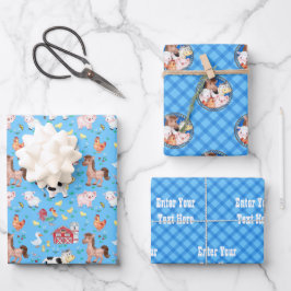 Zuchtbarnyard Tiere Gingham blau Geschenkpapier Set