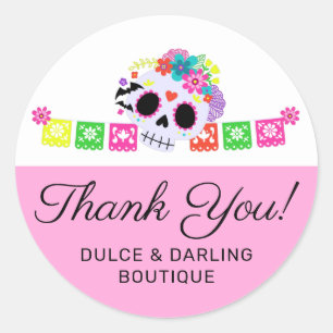 Zucker-Schädel-Blumen-Calavera-Papel-Picado-Danke Runder Aufkleber