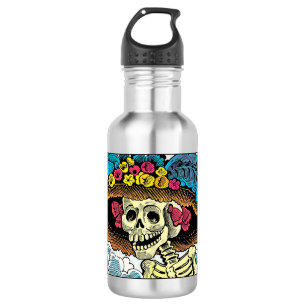 Zucker-Schädel-Dame mit floralem Sonnenhut Pop-Art Edelstahlflasche