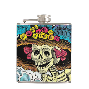 Zucker-Schädel-Dame mit floralem Sonnenhut Pop-Art Flachmann