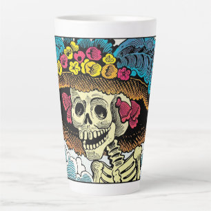 Zucker-Schädel-Dame mit floralem Sonnenhut Pop-Art Milchtasse