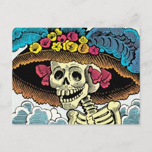 Zucker-Schädel-Dame mit floralem Sonnenhut Pop-Art Postkarte