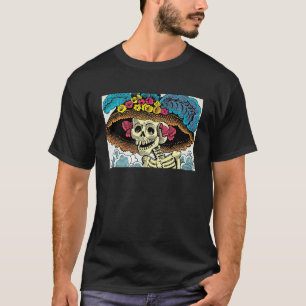 Zucker-Schädel-Dame mit floralem Sonnenhut Pop-Art T-Shirt