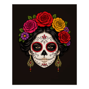 Zucker-Schädel-Dame Weiße Linienkunst   Gothic  Poster