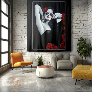 Zucker-Schädel-Frau Gothic Schwarz Rote Rosen Port Wandteppich