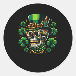 Zucker-Schädel-Kleeblatt mit Koboldhut St. Pat Runder Aufkleber