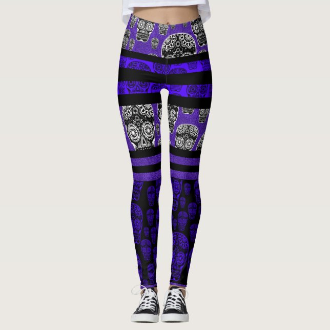 Zucker-Schädel-Leggings Blaue Streifen Leggings (Vorderseite)