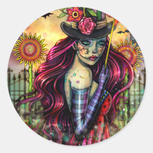 Zucker-Schädel-Mädchen Fantasy-Halloween-Kunst Runder Aufkleber