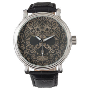 Zucker-Schädel-Ornament Schwarz und Gold Armbanduhr