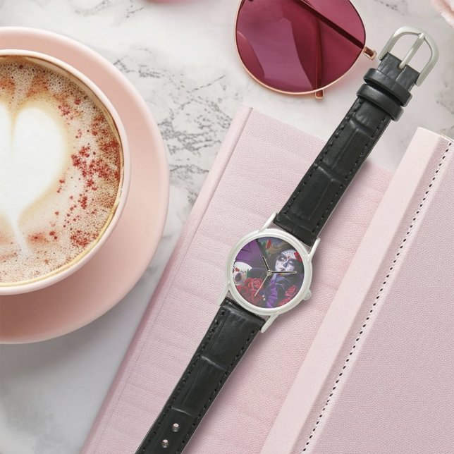 Zucker Schädel-Rote Rosen Lila Armbanduhr (Von Creator hochgeladen)