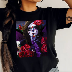 Zucker Schädel-Rote Rosen Lila T-Shirt