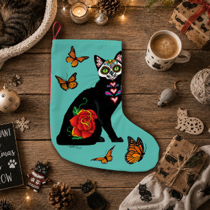 Zucker-Schädel-Schwarze-Katze-Rose-Teal-Herz Kleiner Weihnachtsstrumpf