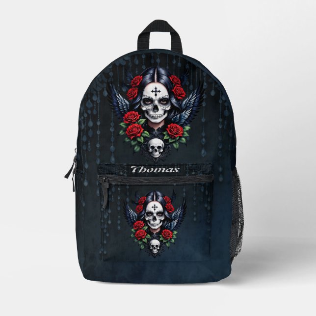 Zucker Schädelgel mit Rose. Bedruckter Rucksack (Vorderseite)
