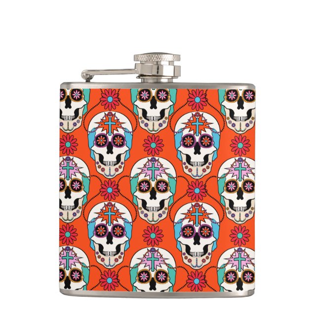 Zucker-Skulls Grafik Flachmann (Vorderseite)
