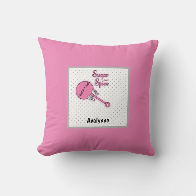 Zucker und Gewürz Polka Dot Rattle Baby Name Kissen (Vorderseite)