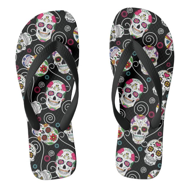 Zuckerkulls und Wirbel Schwarz ID725 Flip Flops (Fußbett)