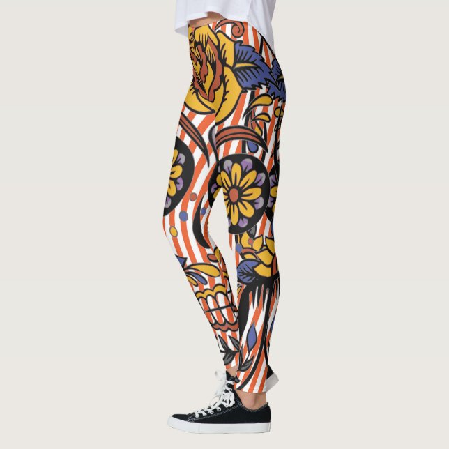 Zuckerkulör Orange Lila Blumenstreifen Leggings (Links)