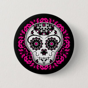 Zuckerschädel auf heißrosa Damast Button