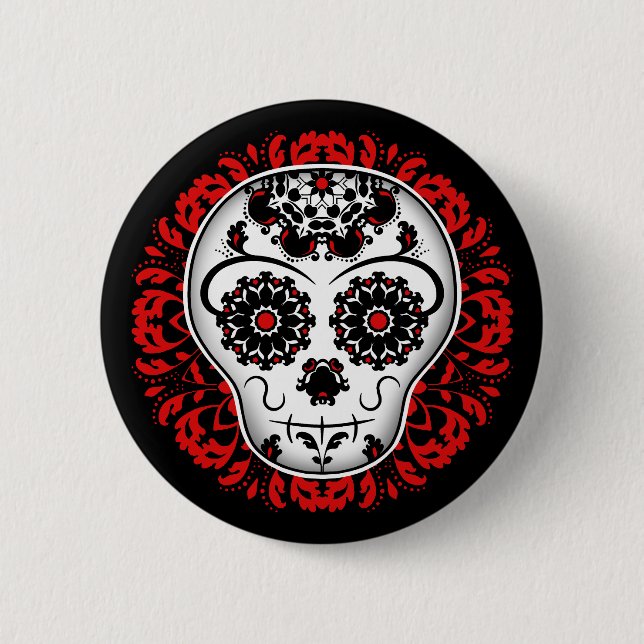 Zuckerschädel auf rotem Damast Button (Vorderseite)