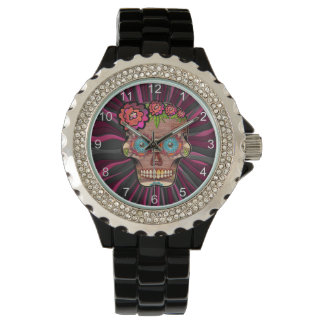 Zuckerschädel aus Schnittholz mit Blütenkrone Armbanduhr
