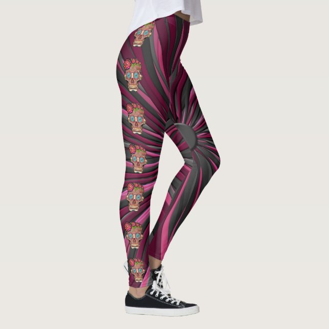 Zuckerschädel aus Schnittholz mit Blütenkrone Leggings (Rechts)