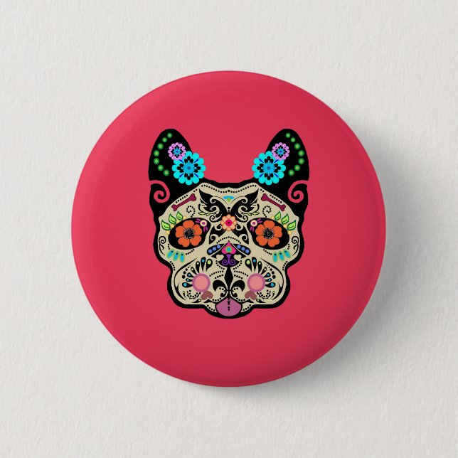 Zuckerschädel Frenchie - Rosa Button (Vorderseite)