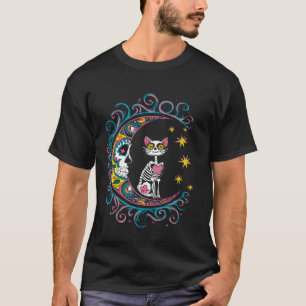 Zuckerschädel-Katze-Mond-Halloween T-Shirt
