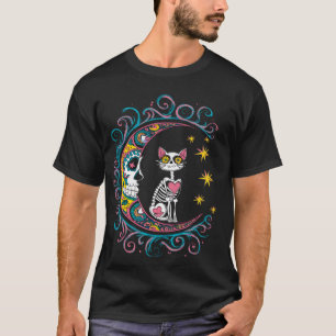 Zuckerschädel-Katze-Mond-Halloween T-Shirt
