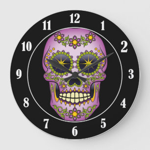 Zuckerschädel-lila Blumen Große Wanduhr