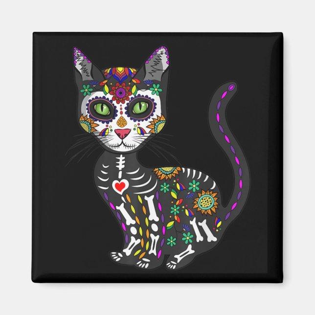 Zuckerschädel mexikanische Katze Halloween des Tot Magnet (Vorne)