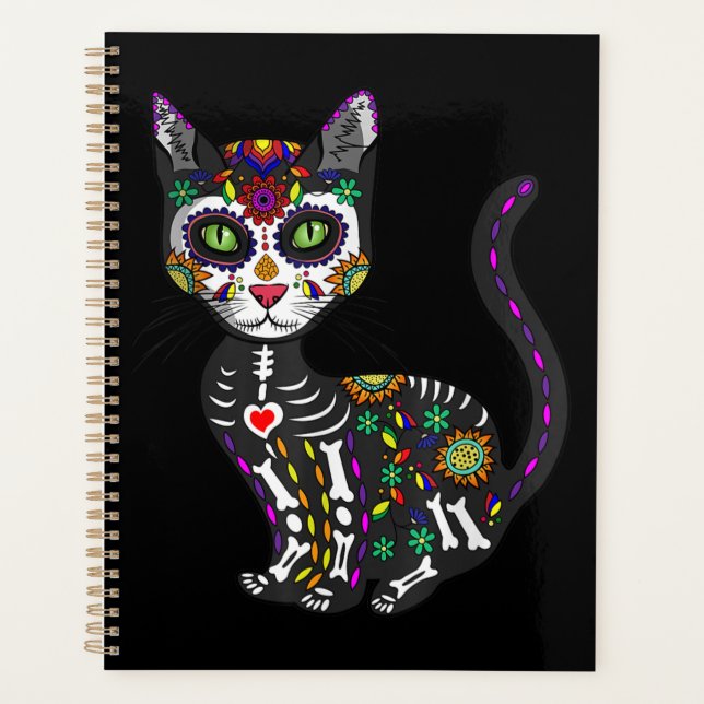 Zuckerschädel mexikanische Katze Halloween des Tot Planer (Vorderseite)