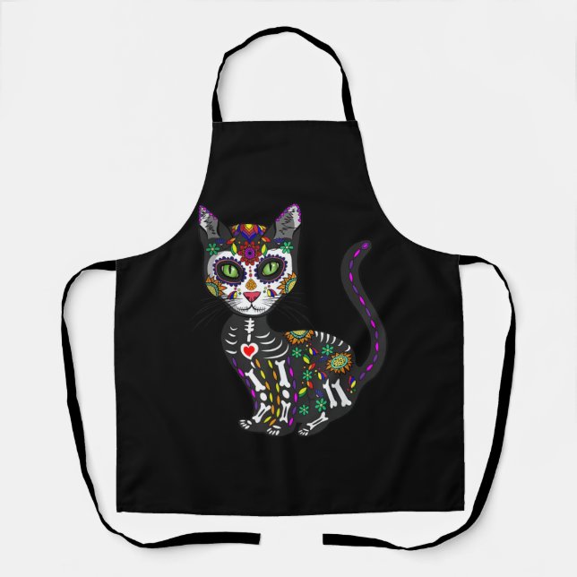 Zuckerschädel mexikanische Katze Halloween des Tot Schürze (Vorderseite)