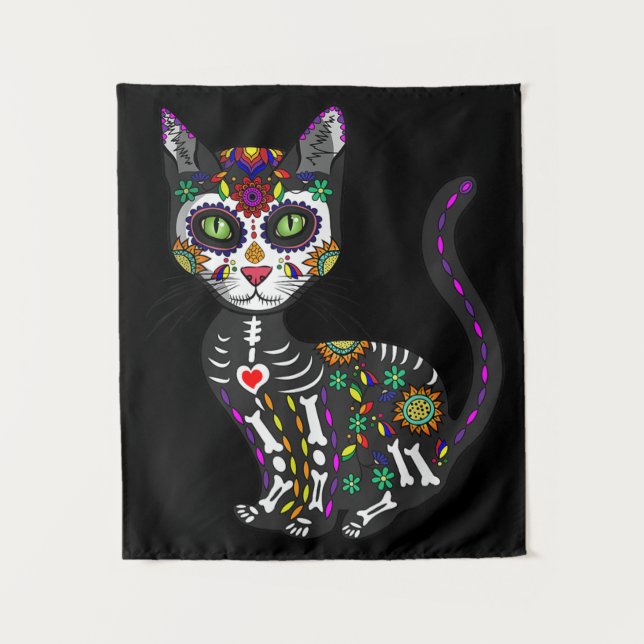 Zuckerschädel mexikanische Katze Halloween des Tot Wandteppich (Vorderseite)