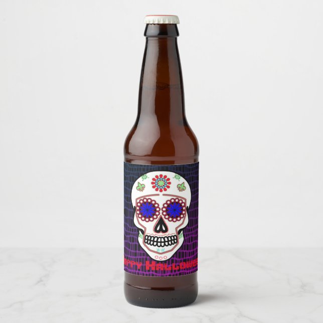 Zuckerschädel mit blauen Augen und grüner Lilie Bierflaschenetikett (Vorderseite)