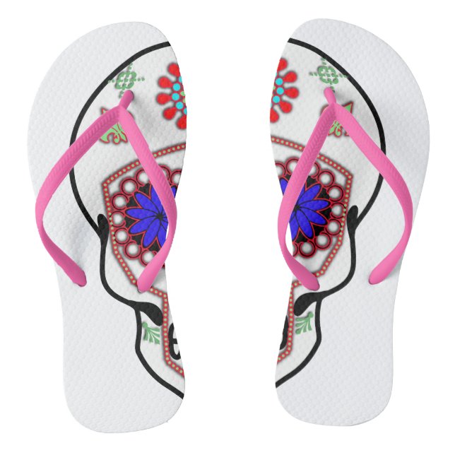 Zuckerschädel mit blauen Augen und grüner Lilie Flip Flops (Fußbett)