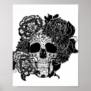 Zuckerschädel mit Blumen in Schwarz und Weiß Poster
