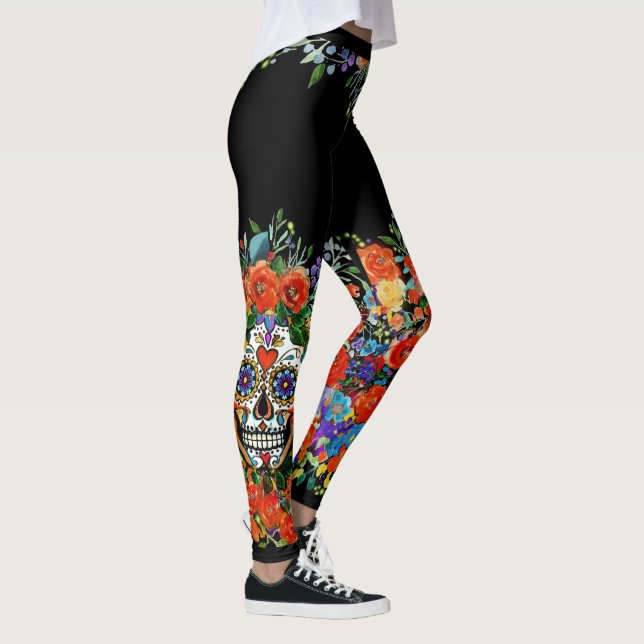 Zuckerschädel mit Blumen Leggings (Rechts)