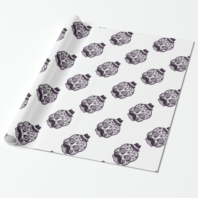 Zuckerschädel mit Fedora-Hut Geschenkpapier (Ungerollt)