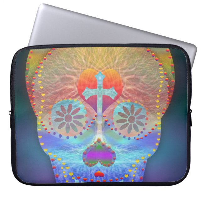 Zuckerschädel mit Regenbogen farbigem Hintergrund Laptopschutzhülle (Vorderseite)