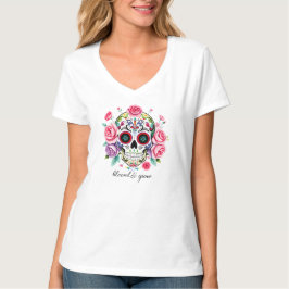 Zuckerschädel mit Wasserfarben-Rosen-Kunst T-Shirt