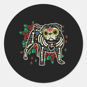 Zuckerschädel-Mops Dia De Los Muertos Halloween-Hu Runder Aufkleber