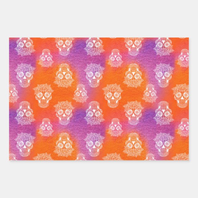 Zuckerschädel Orange Lila Die Farbe Wasserfarbe Geschenkpapier Set (Vorderseite)