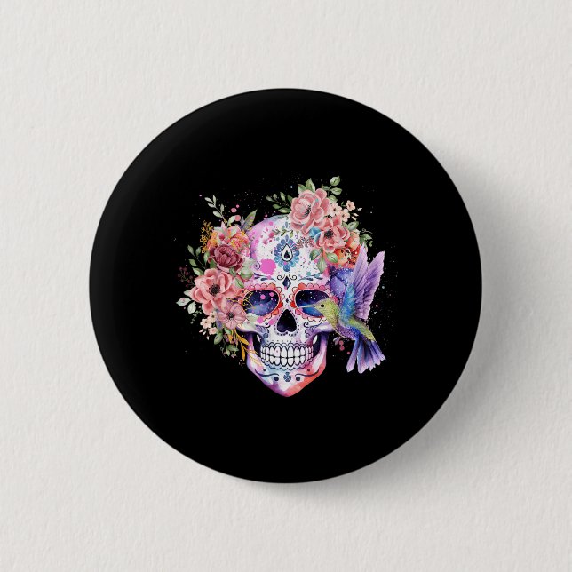 Zuckerschädel Retro-Blume mit Kolibri Button (Vorderseite)