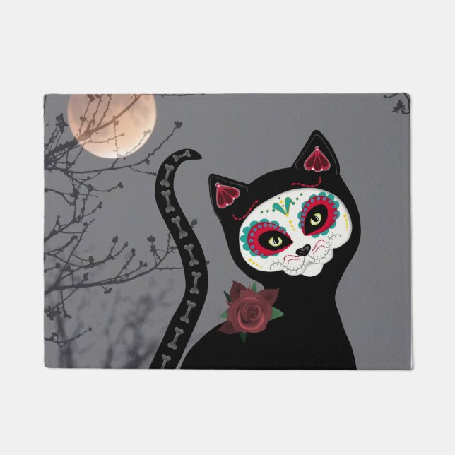 Zuckerschädel-schwarze Katze Fußmatte (Vorderseite)
